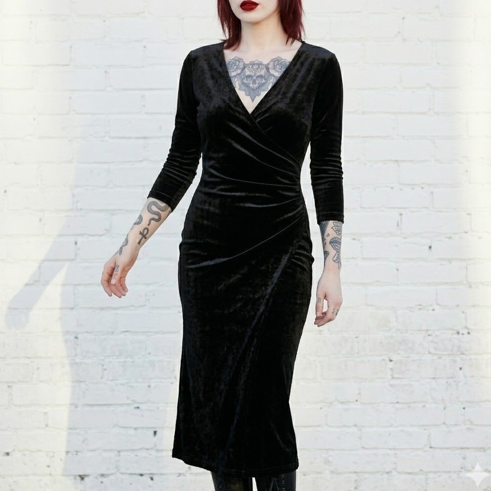 Black Velvet Wrap Dress Midi Size Large Elegant Long Sleeve Cocktail Party